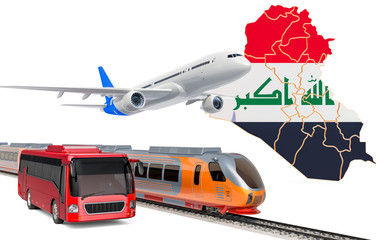 Passenger transportation in Iraq by buses, trains and airplanes, concept. 3D rendering