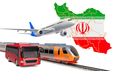 Passenger transportation in Iran by buses, trains and airplanes, concept. 3D rendering