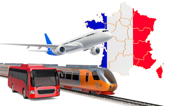 Passenger transportation in France by buses, trains and airplanes, concept. 3D rendering