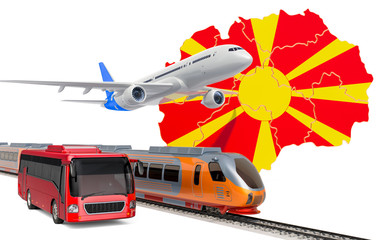 Passenger transportation in Macedonia by buses, trains and airplanes, concept. 3D rendering