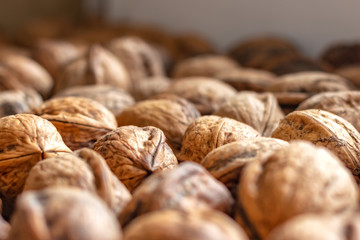 Group of walnuts with thick ripen on the sill of the kitchen window
