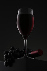 Glass of red wine with grapes and bottle over gradient background
