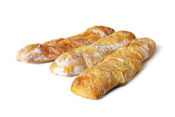 Isolated on white background rustic baguettes with Golden crispy crust