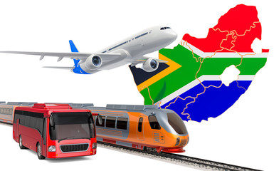 Passenger transportation in South Africa by buses, trains and airplanes, concept. 3D rendering
