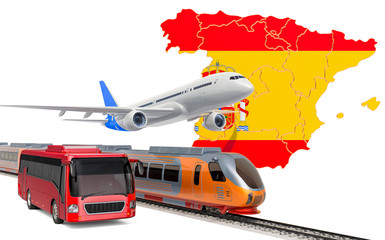 Passenger transportation in Spain by buses, trains and airplanes, concept. 3D rendering