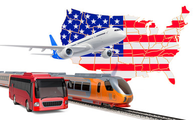 Passenger transportation in the United States by buses, trains and airplanes, concept. 3D rendering