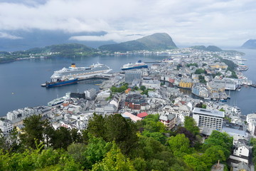 From the bird's eye view of Alesund port town on the west coast of Norway, at the entrance to the Geirangerfjord.