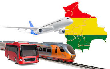 Passenger transportation in Bolivia by buses, trains and airplanes, concept. 3D rendering