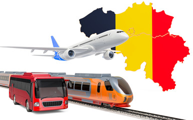 Passenger transportation in Belgium by buses, trains and airplanes, concept. 3D rendering
