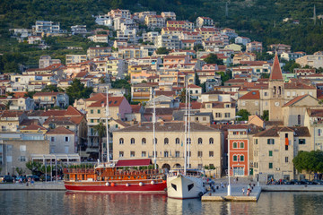 View of Makarska city center from the sea in Makarska,  Dalmatia, Croatia on June 11, 2019. 