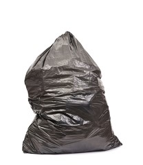 Black garbage bag on white background