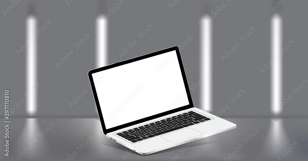 Poster laptop mockup, rotated position for a presentation or website design mockup. 3d realistic laptop, on
