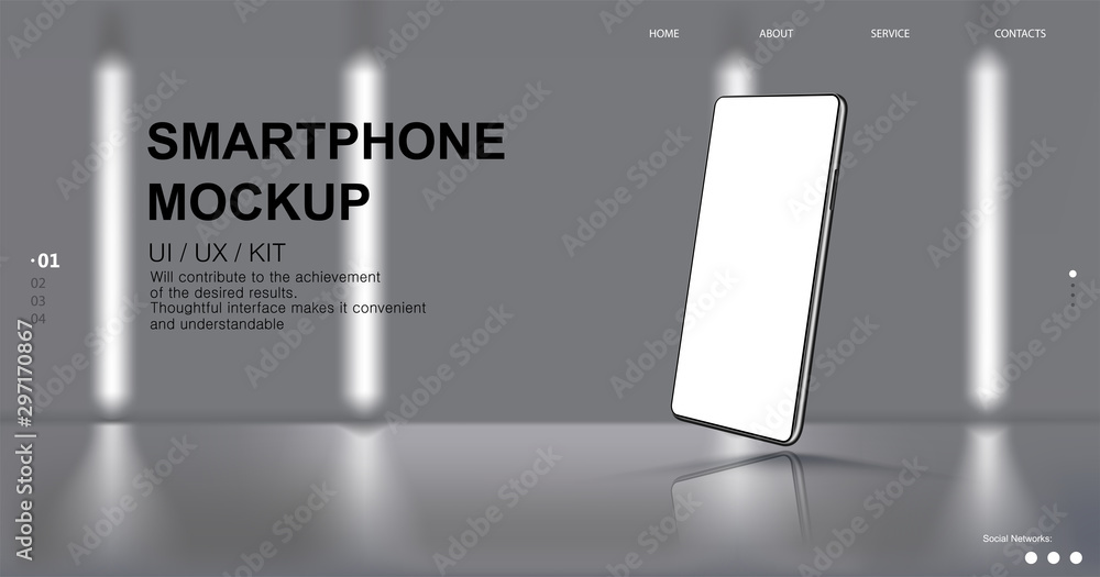 Aufkleber Realistic Smartphone Mockup with website elements interface and  on a light background, futuristic room, blur effect. 3D realistic Cell phone Mockup. Mobile phone for a presentation. Vector Smartphone