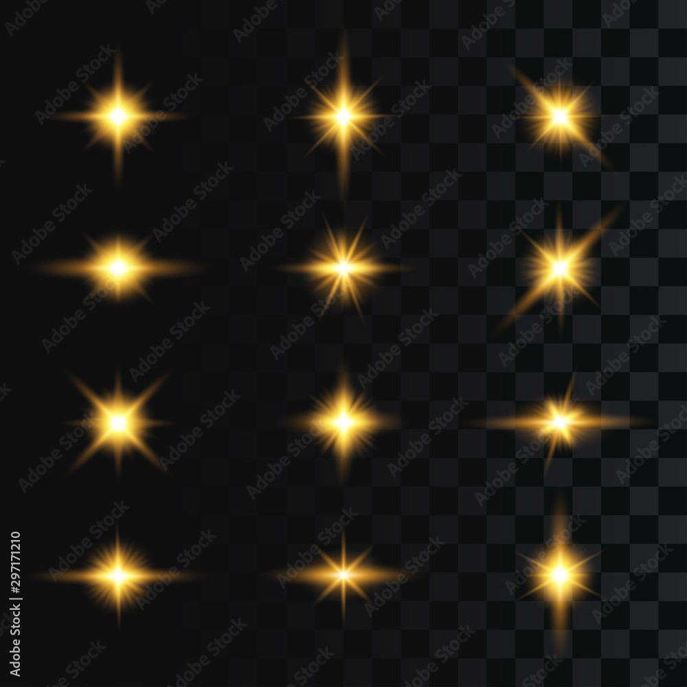 Poster set of flashes, star burst and sparkles on transparent background. light effect, golden glowing flas