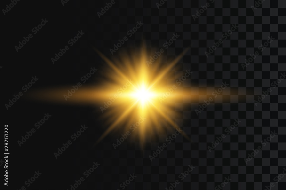 Poster flash or star light effect on transparent background. golden glowing flash with gold rays and lights