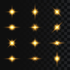 Set of flashes, star burst and sparkles on transparent background. Light effect, golden glowing flash with gold rays and lights. Vector illustration.