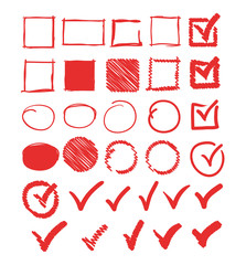 Doodle check marks circle square frame set collection. Vector flat graphic design illustration