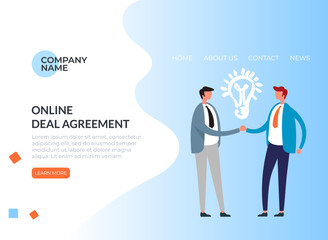 Obraz premium Deal agreement shaking hand web banner poster concept. Vector flat graphic design illustration