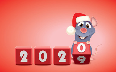 Little Blue Rat with Christmas Santa’s Red Cap changing date from 2019 to 2020 rotating cubes with numbers
