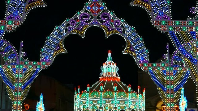 Lighting , luminarie and sound box to perform concerts during the Festival of Modugno, near Bari. Apulia - Italy