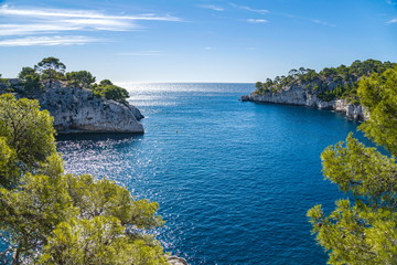 Panoramic view of Calanque de Port Pin in Calanques National Park, Provence, France.