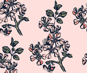 Seamless floral pattern with Japanese quince sakura flowers and ornamental decorative background. Vector pattern. Print for textile, cloth, wallpaper, scrapbooking