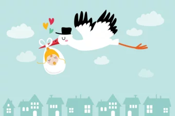 Fototapeten Baby announcement card. baby shower. stork with baby, vector illustration © jollii