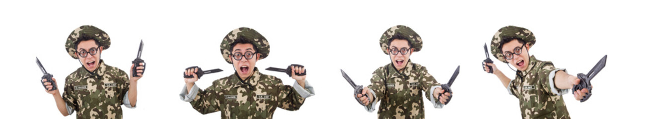 Fototapeta premium Funny soldier with knife on white