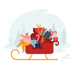 Happy Man in Santa Claus Hat Sitting in Reindeer Sledge with Gifts and Sweets Riding on Snowy Background. Winter Time Holidays Season, Merry Christmas Greetings Time. Cartoon Flat Vector Illustration