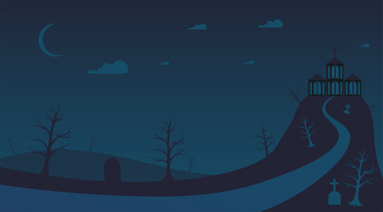 Haunted old mansion flat vector illustration. Scary ancient hill house, dark halloween night, empty road to creepy gothic building. Spooky movie, thriller scene, horror themed background