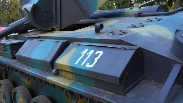 Old tank of fascist Germany. Slow motion of retro tank.