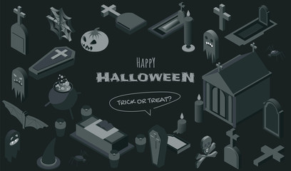 Halloween symbols isometric vector illustrations set. Haunted graveyard decorative design elements, creepy 3d icons pack. Spooky tombstones, caskets, witch accessories, crypt and jack lantern