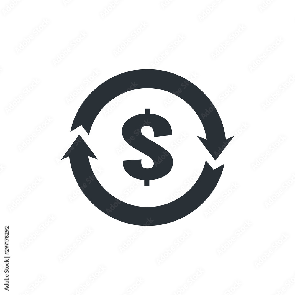 Poster flat vector image on a white background, arrows going in a circle and in the center a dolar sign, cu