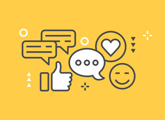 flat linear vector image on yellow background, social network icons, flat vector image on white background, likes and messages