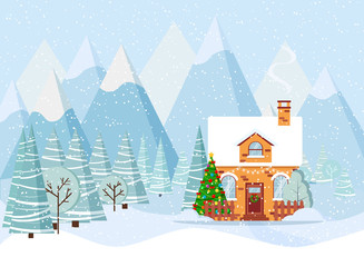 Winter mountain landscape with christmas house covered with snow, decorated christmas tree, spruces in cartoon flat style.