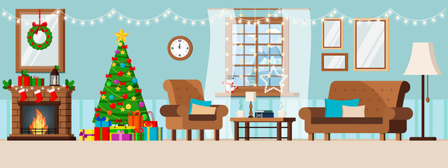 Cozy new year interior wall christmas decorated living room with window with winter landscape in flat cartoon style.