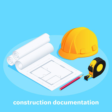 isometric vector image on a blue background, drawings and a construction helmet next to a tape measure, construction documentation