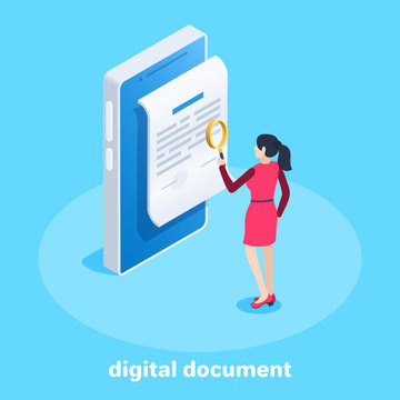 isometric vector image on a blue background, business concept,  a woman in a red dress with a magnifier stands in front of a digital document on the screen of a smartphone