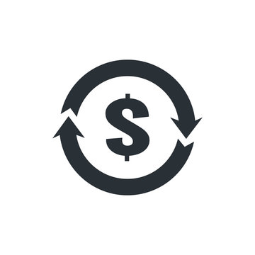 flat vector image on a white background, arrows going in a circle and in the center a dolar sign, currency conversion