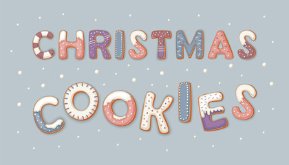 Christmas cookies vector illustration with gingerbread cookie letters in cartoon style on blue background.