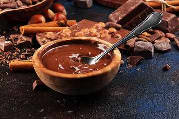 Chocolate bar pieces and melting swirl cocoa. Sweet food photo concept. The chunks of broken...