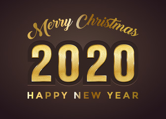 Merry christmas greeting card vector template. Traditional december holiday postcard, festive banner luxurious design. Golden 2020 number on brown background realistic illustration with typography
