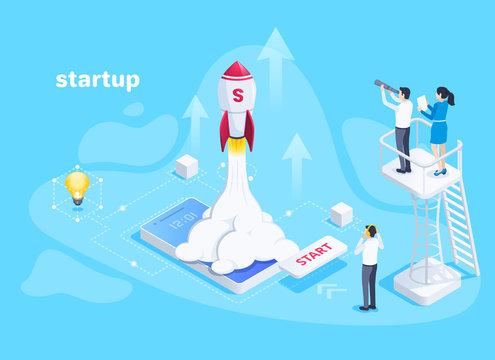 isometric vector image on a blue background, people watch a rocket take off from a smartphone screen, business startup