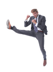 in full growth. young businessman jumping high.