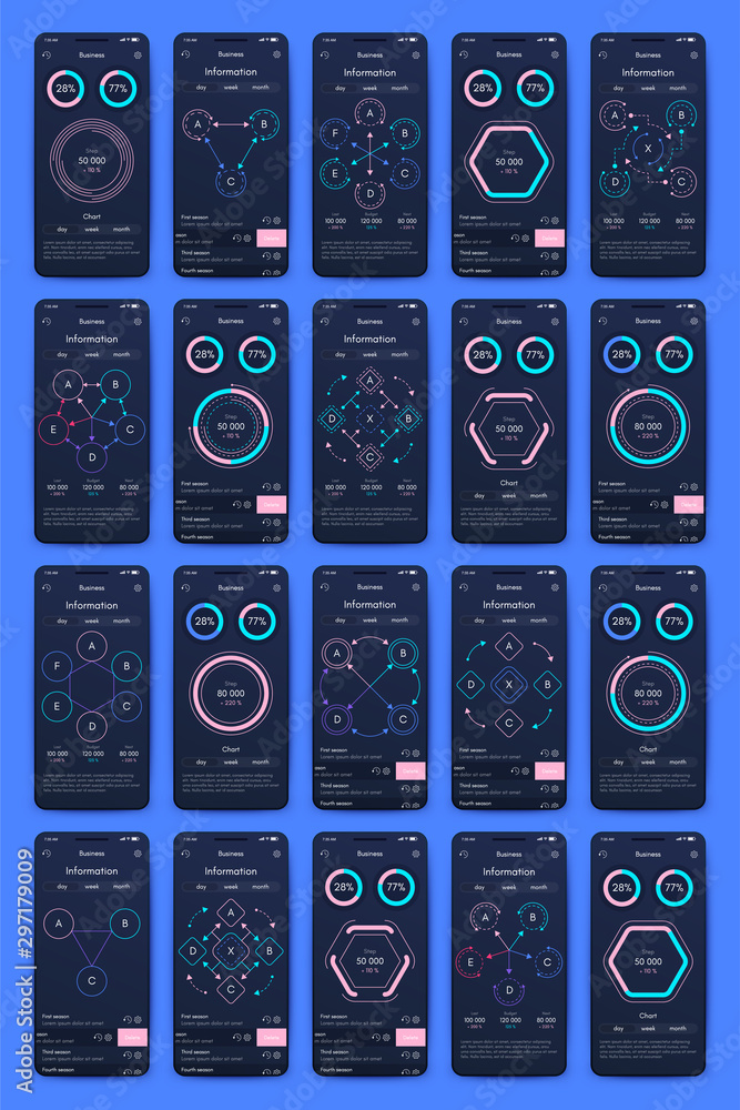 Poster different ui, ux, gui screens and flat web icons for mobile apps