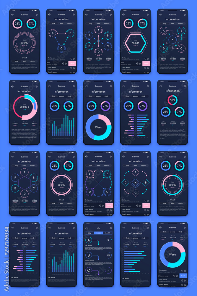 Poster different ui, ux, gui screens and flat web icons for mobile apps