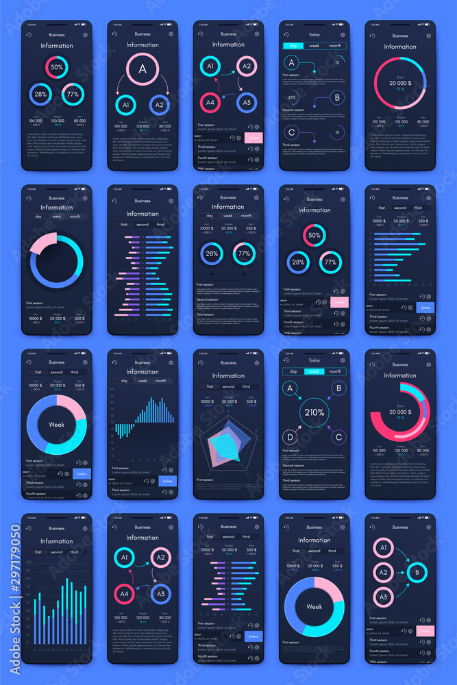 Poster different ui, ux, gui screens and flat web icons for mobile apps