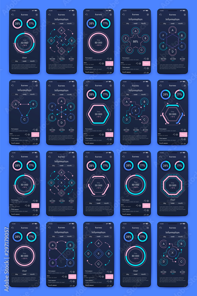 Poster different ui, ux, gui screens and flat web icons for mobile apps