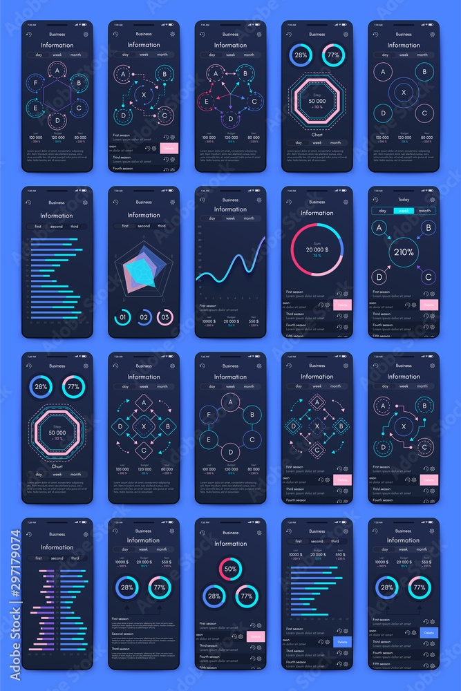Poster different ui, ux, gui screens and flat web icons for mobile apps