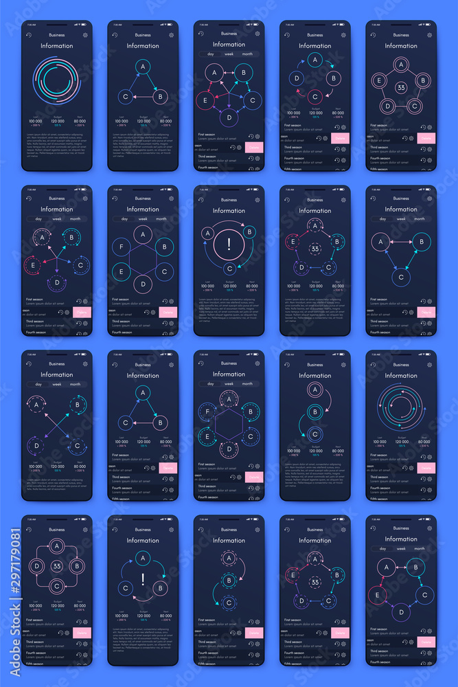 Poster different ui, ux, gui screens and flat web icons for mobile apps